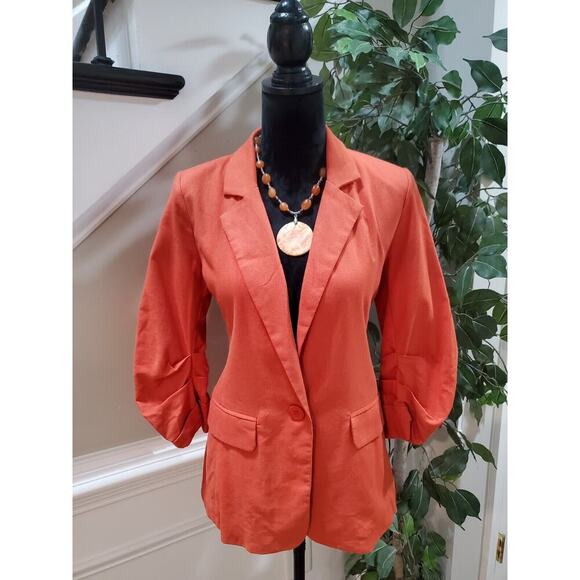 Lush Coral Cotton Single Breasted One Button Boyfriend Blazer Jacket Size Small - Picture 1 of 14